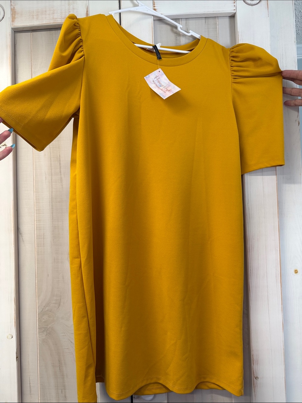 Mustard Puff Sleeve Shift Dress - Women